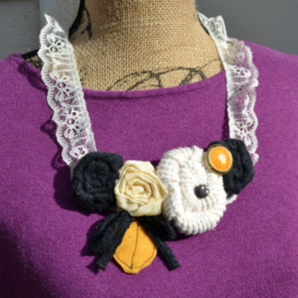 Handmade Fall statement fabric roses leaf bib necklace cream lace mustard Autumn